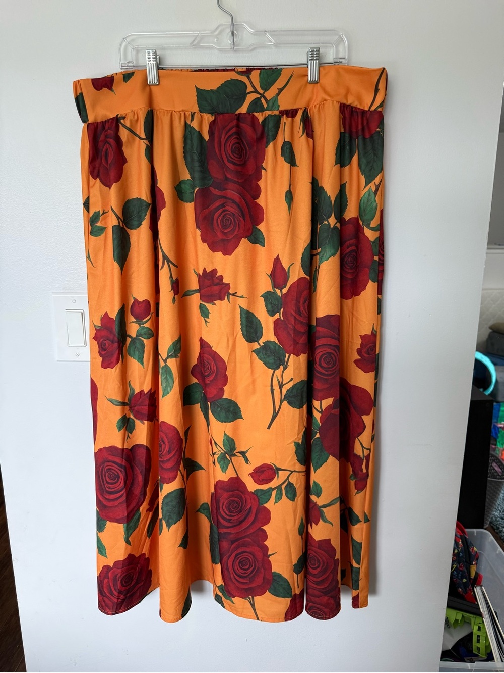 Orange Floral Maxi Skirt with Red Rose Print